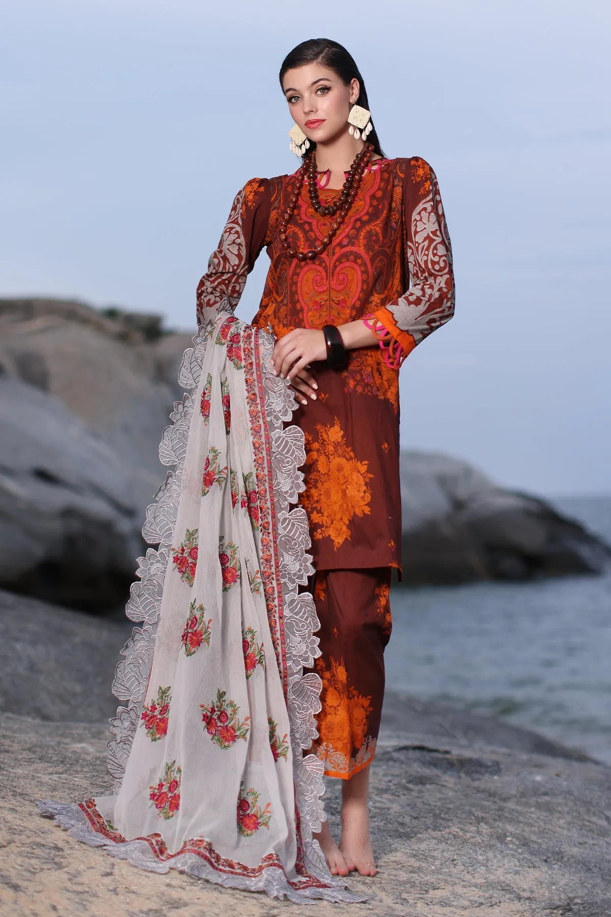 Printed Lawn Shirt with Embroidered Chiffon Dupatta PM4-15, 3 Piece Unstitched