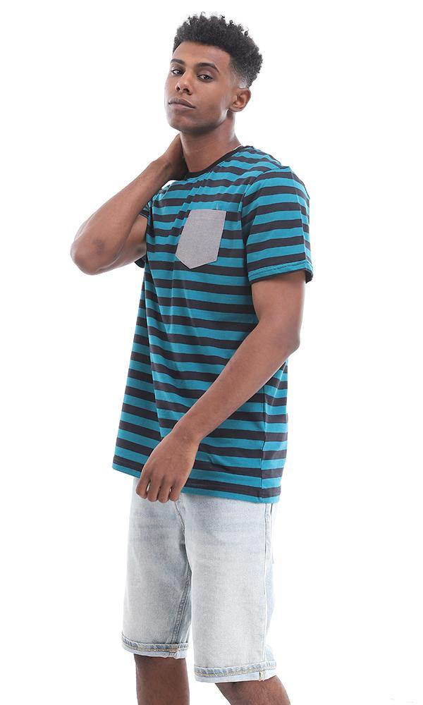 94976 Side Pocket Striped Teal Blue and Black Cotton T-Shirt