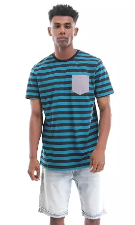 94976 Side Pocket Striped Teal Blue and Black Cotton T-Shirt