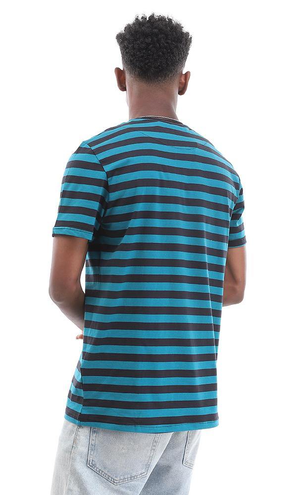 94976 Side Pocket Striped Teal Blue and Black Cotton T-Shirt