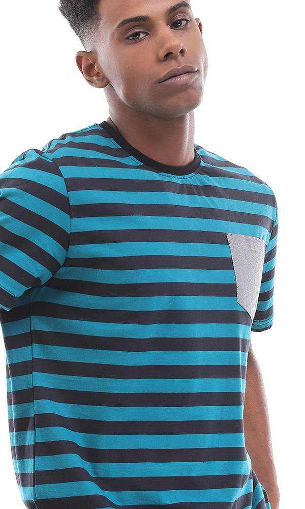 94976 Side Pocket Striped Teal Blue and Black Cotton T-Shirt