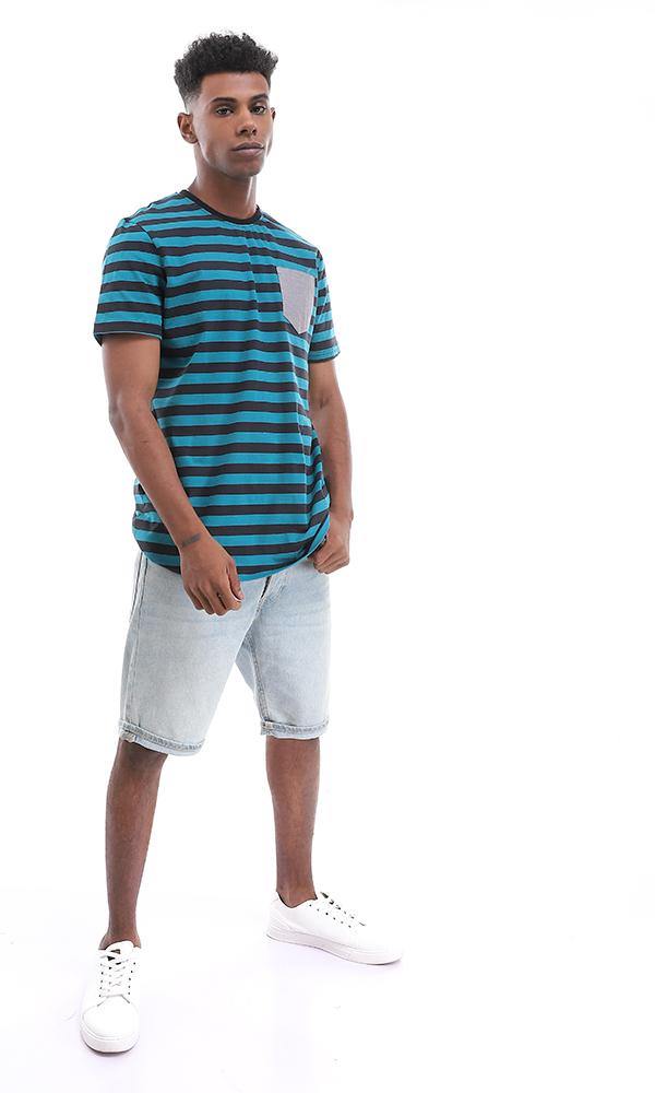 94976 Side Pocket Striped Teal Blue and Black Cotton T-Shirt