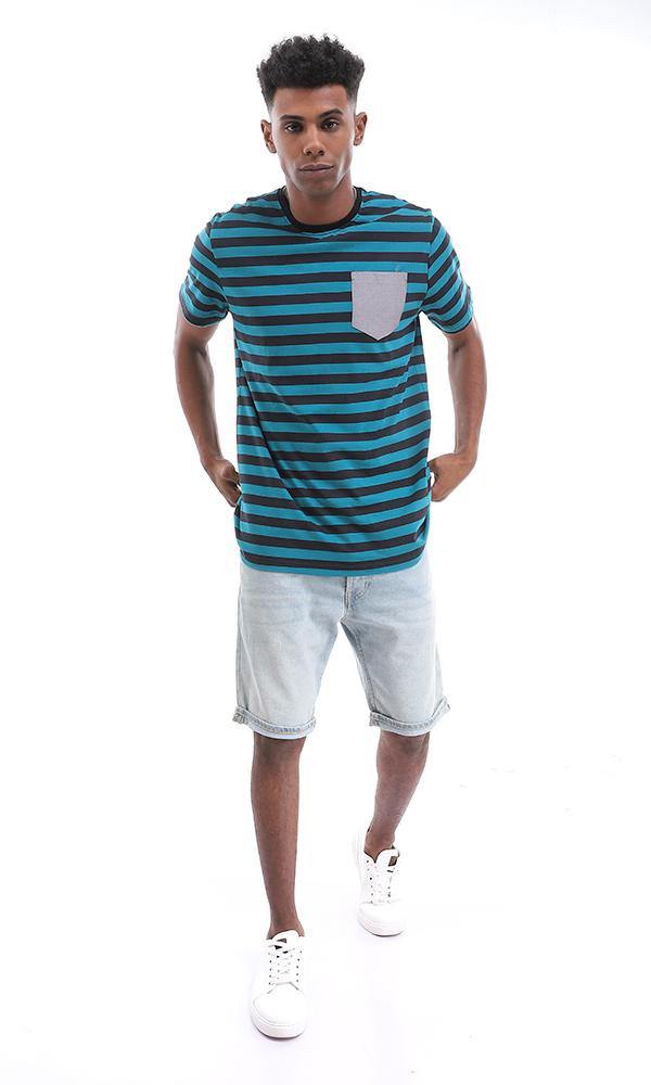 94976 Side Pocket Striped Teal Blue and Black Cotton T-Shirt