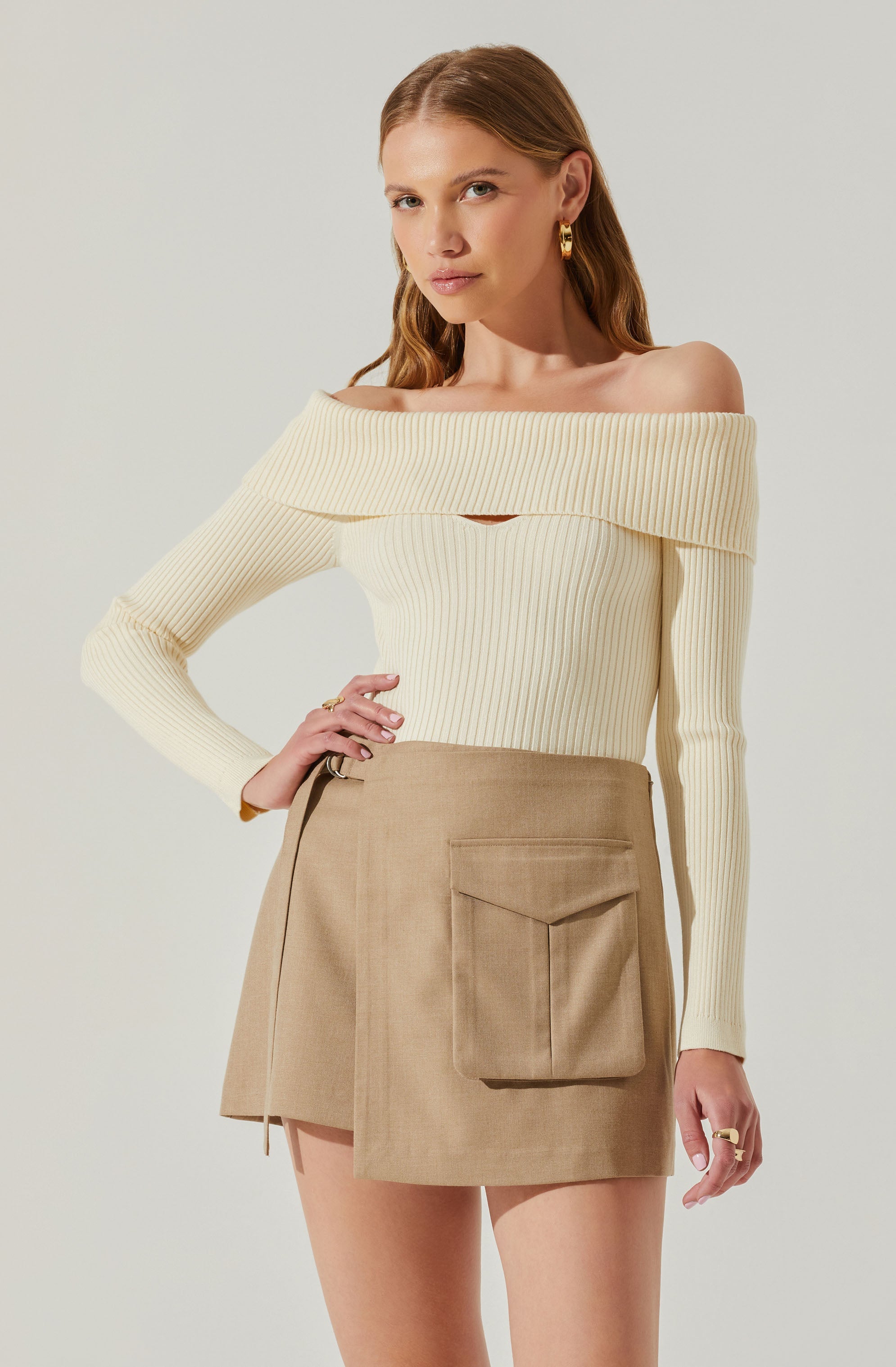 Ainsley Off Shoulder Sweater - Ribbed Texture