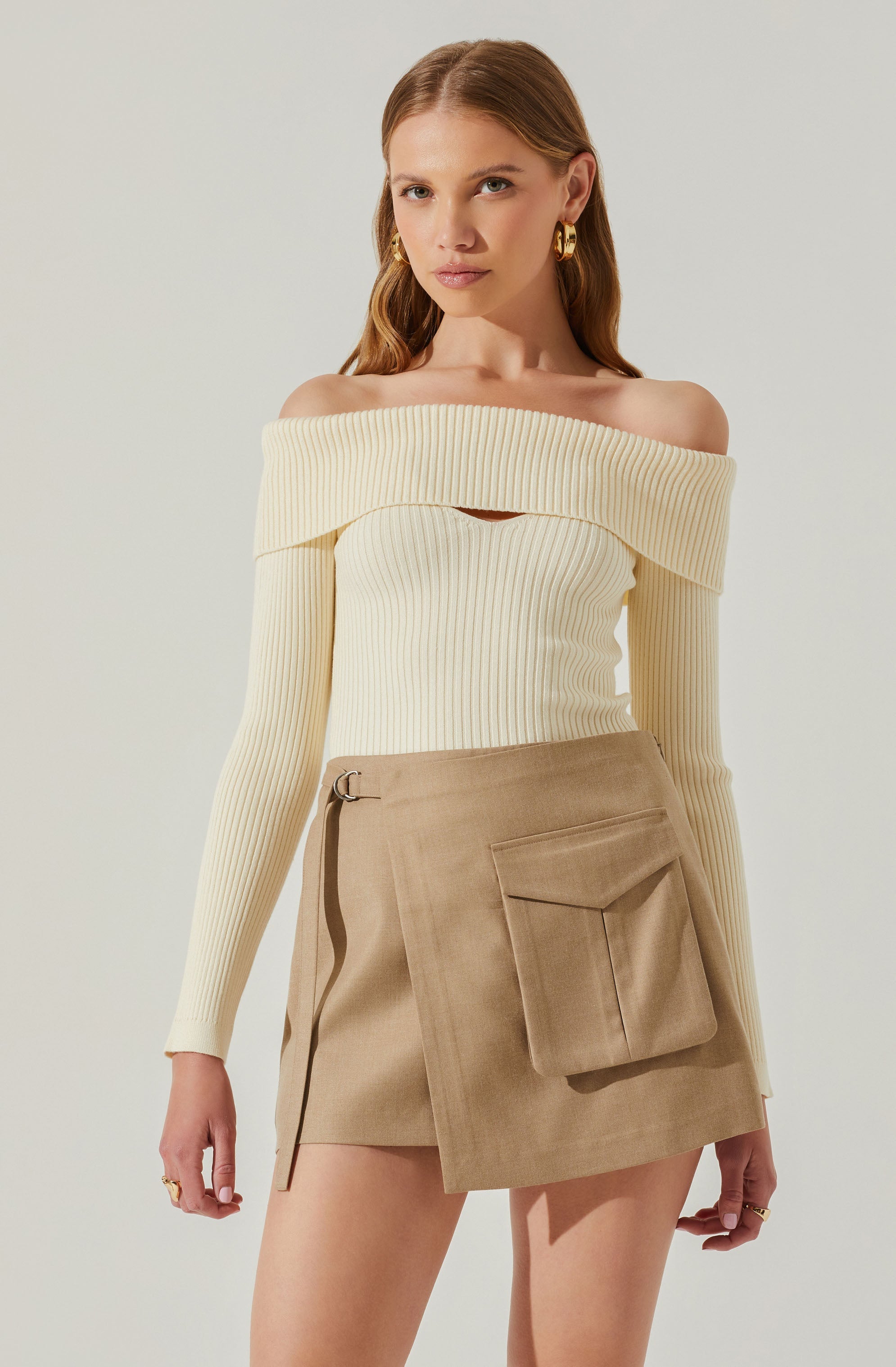 Ainsley Off Shoulder Sweater - Ribbed Texture