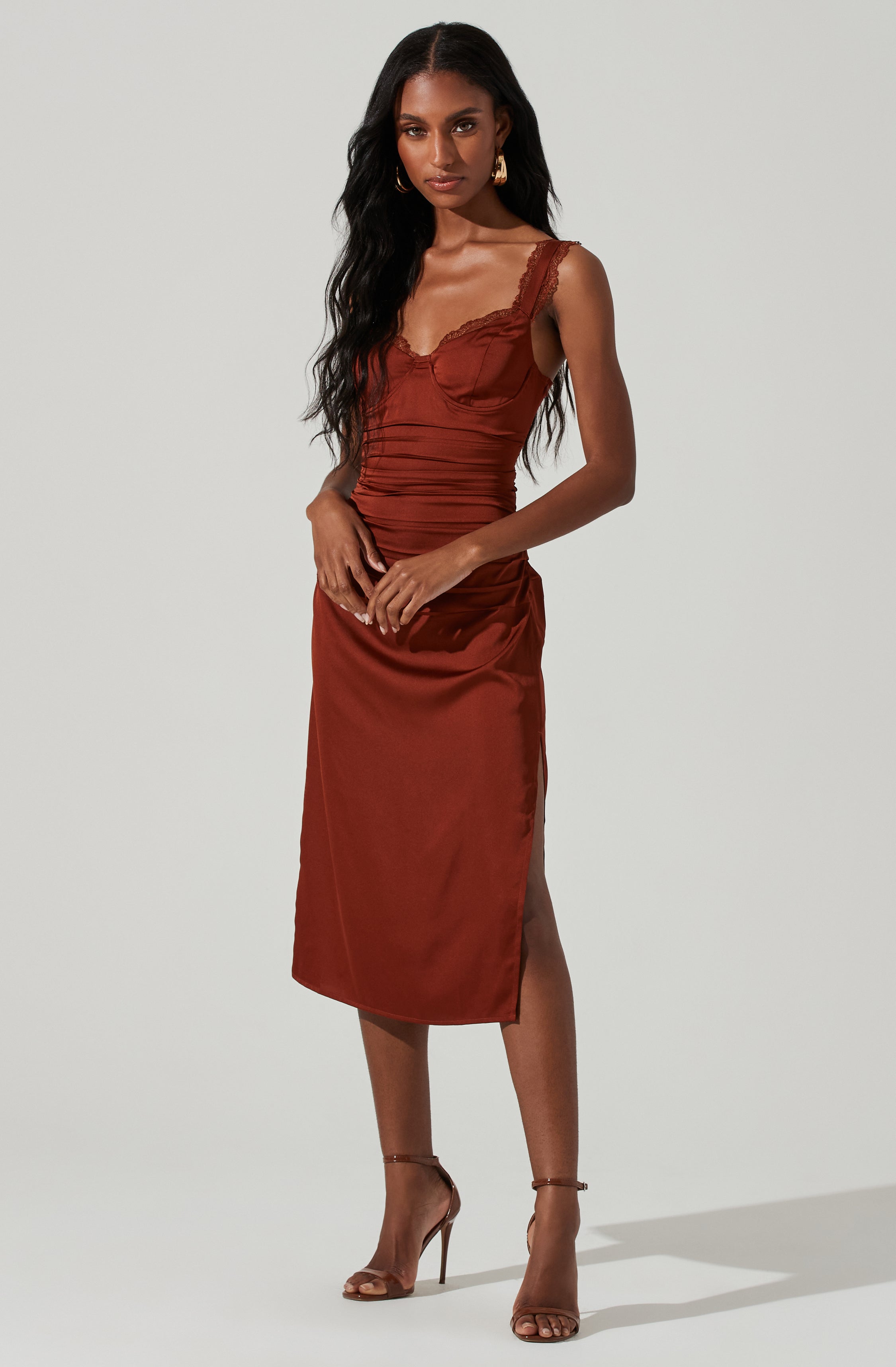 Alva Lace Trim Midi Dress with Ruched Detailing