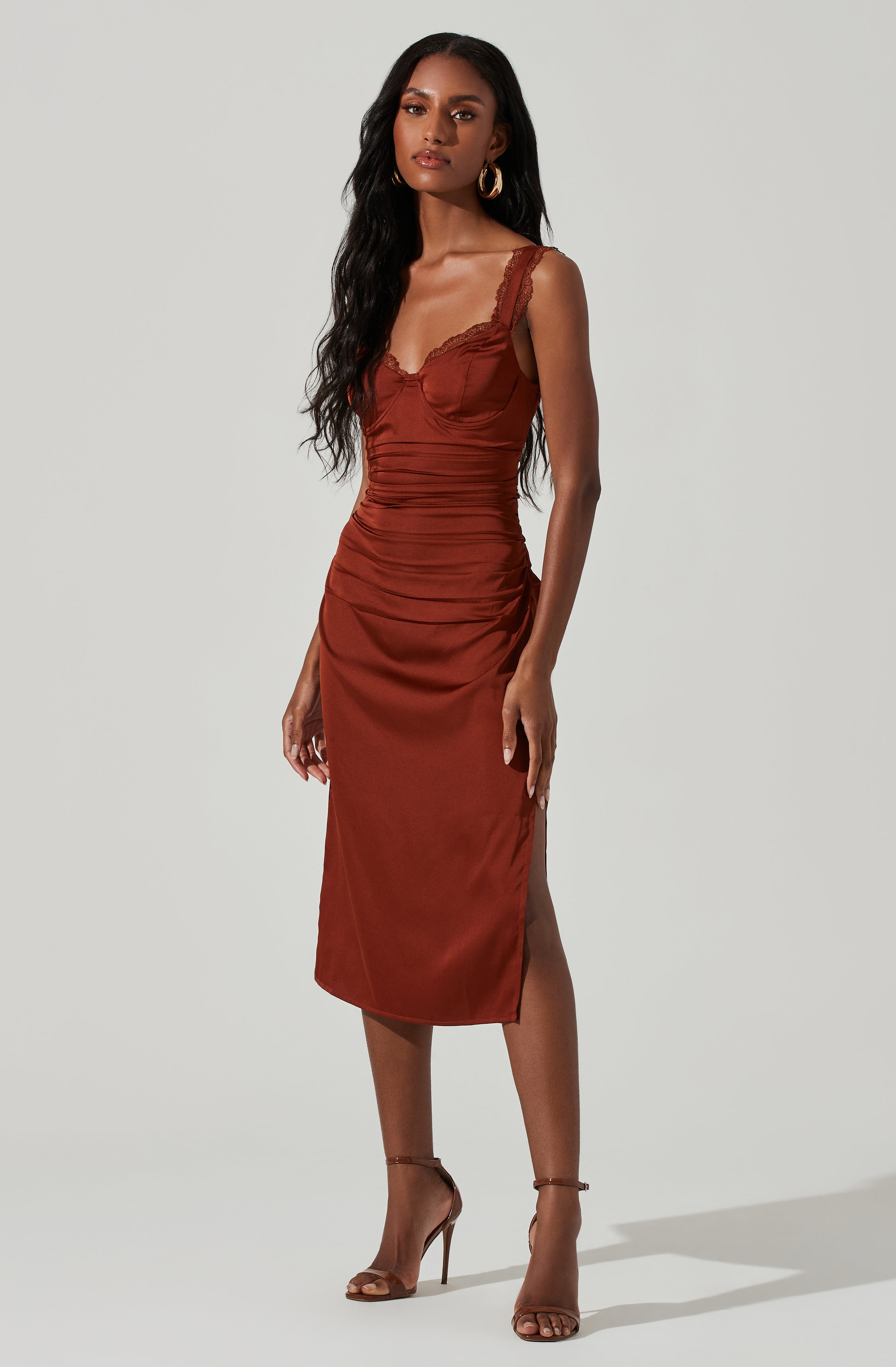 Alva Lace Trim Midi Dress with Ruched Detailing