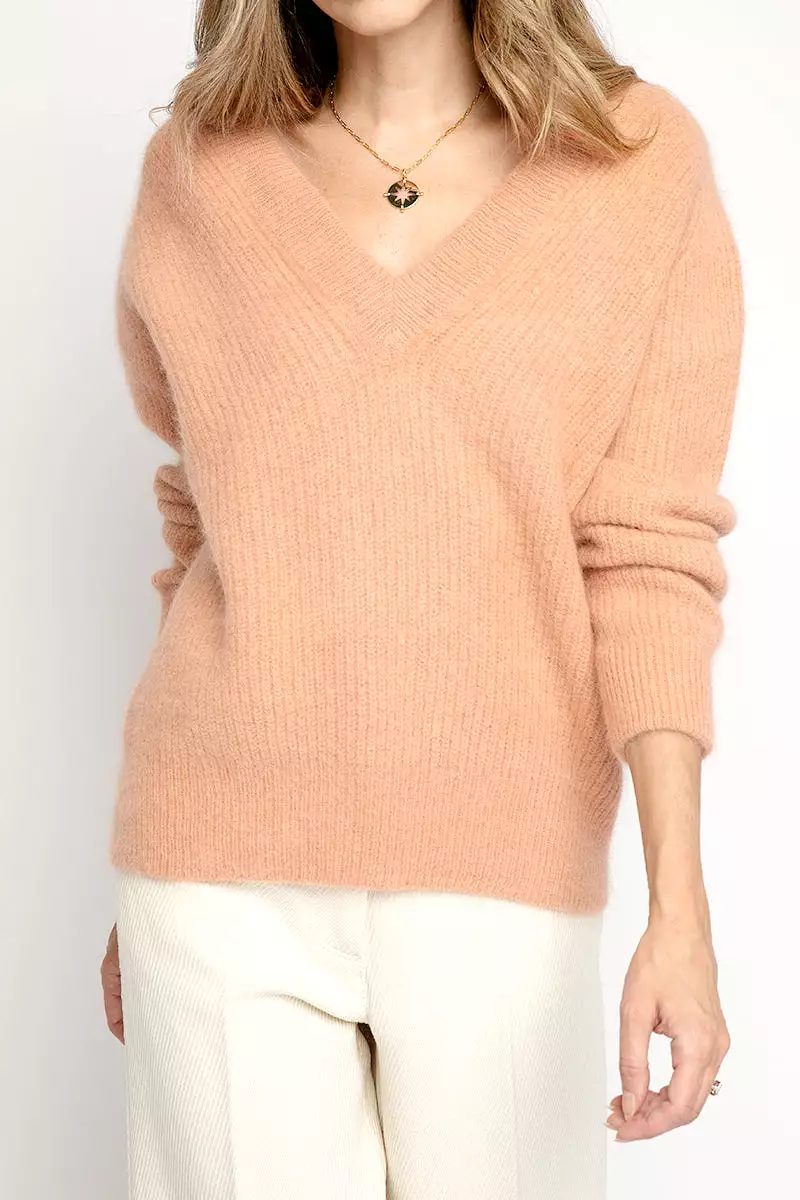 An Angora Wool V-Neck Sweater in Cammello Color