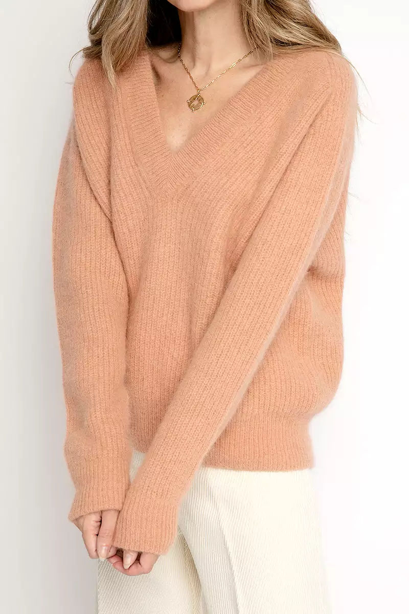 An Angora Wool V-Neck Sweater in Cammello Color