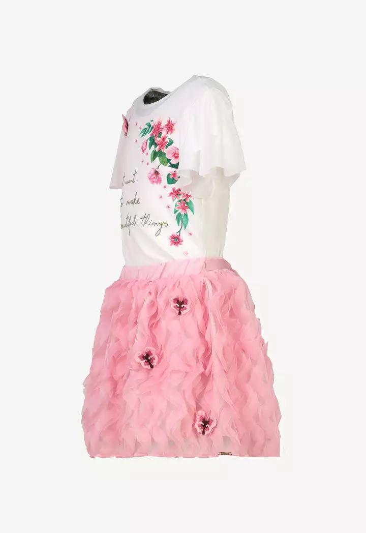 Anime Print Embroidered T-Shirt and Ruffled Wave Skirt Set