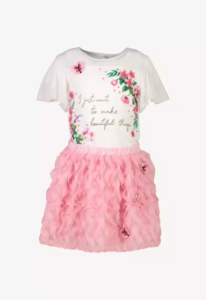 Anime Print Embroidered T-Shirt and Ruffled Wave Skirt Set