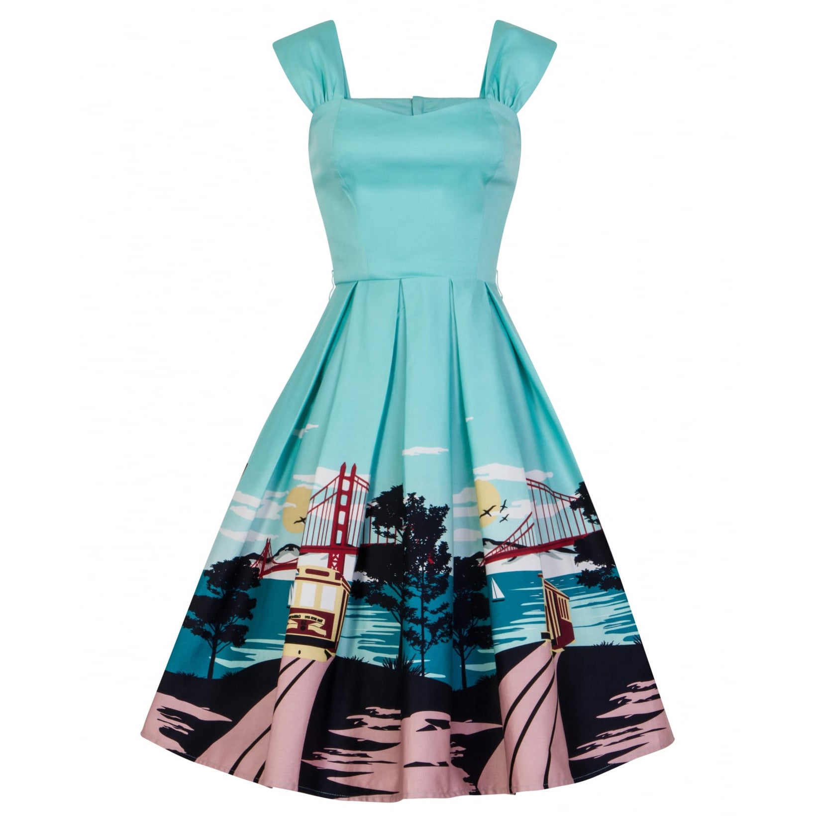 Aqua Blue San Francisco City Print 50s Swing Dress by Collectif - Buy Now