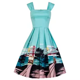 Aqua Blue San Francisco City Print 50s Swing Dress by Collectif - Buy Now