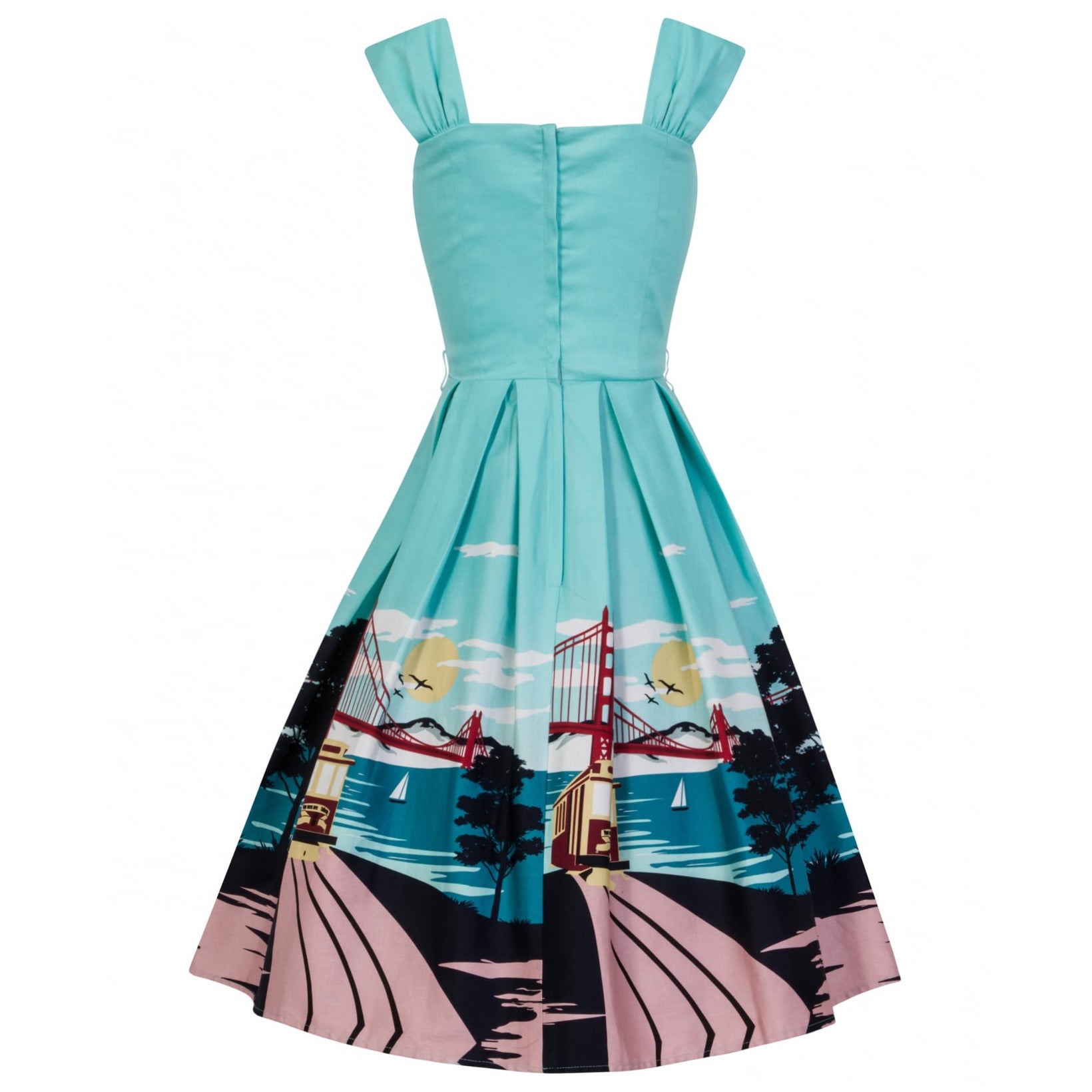 Aqua Blue San Francisco City Print 50s Swing Dress by Collectif - Buy Now