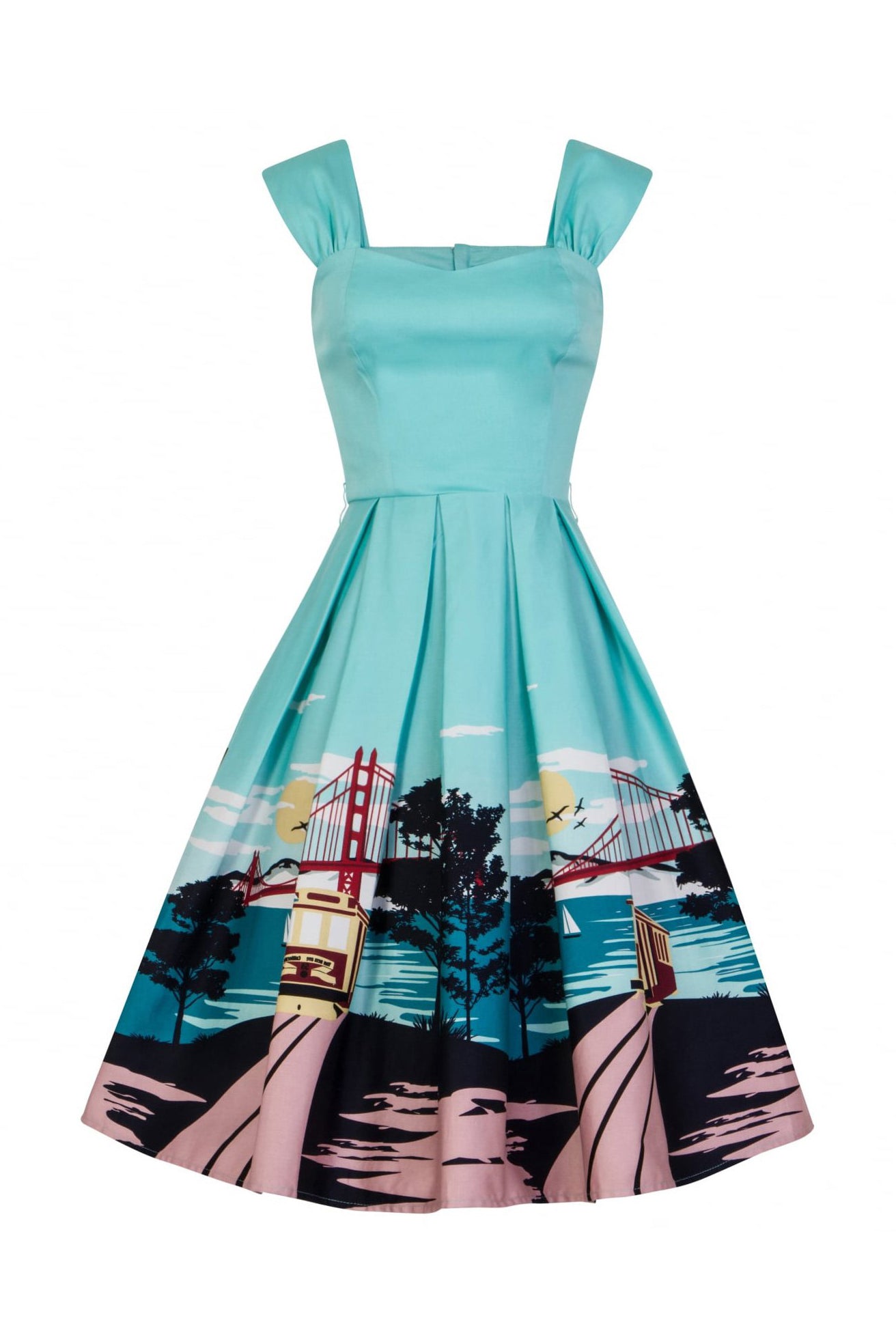 Aqua Blue San Francisco City Print 50s Swing Dress by Collectif - Buy Now