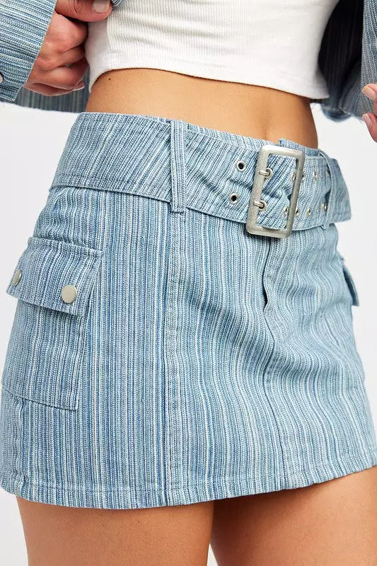 Belted denim mini skirt