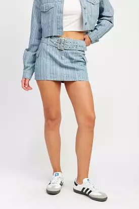 Belted denim mini skirt