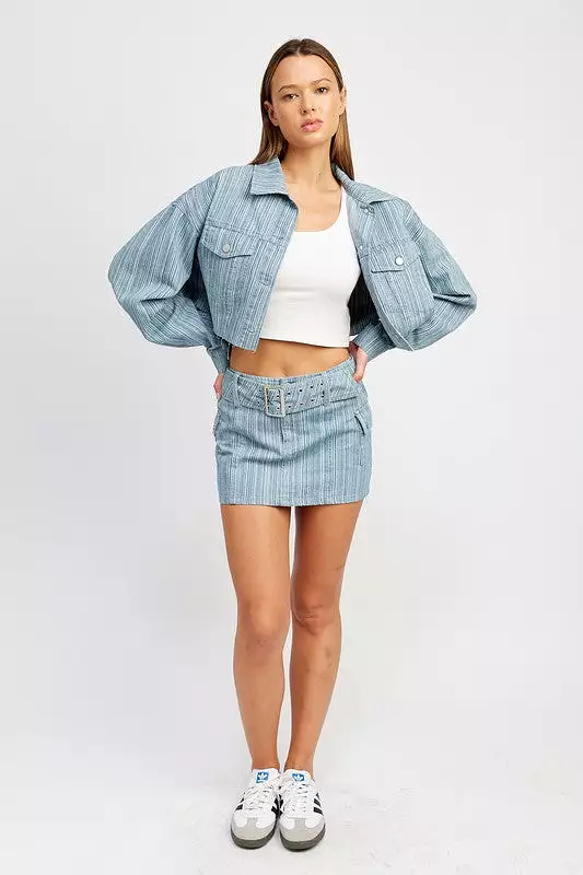 Belted denim mini skirt