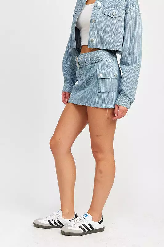 Belted denim mini skirt