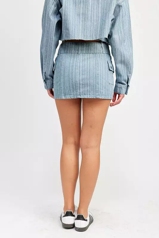 Belted denim mini skirt