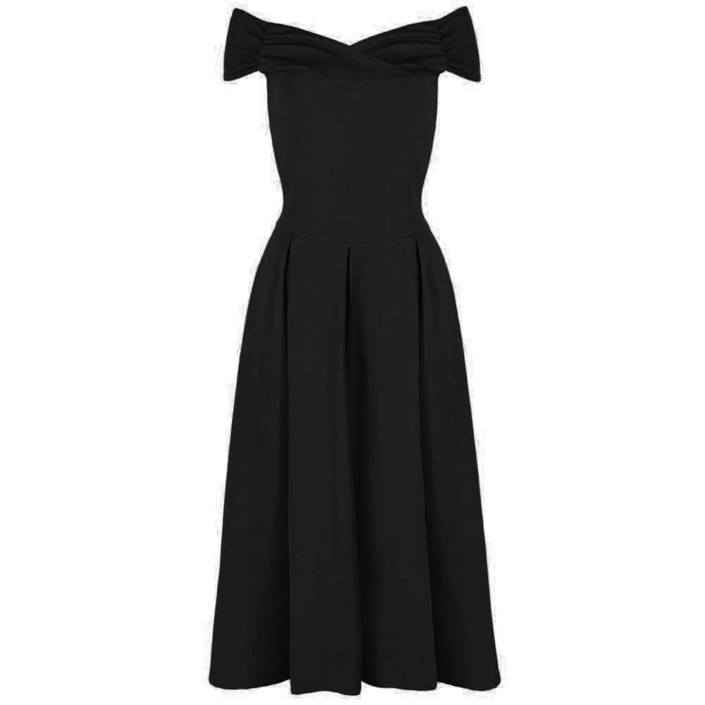 Black 50s Swing Dress with Vintage Bardot-style Crossover