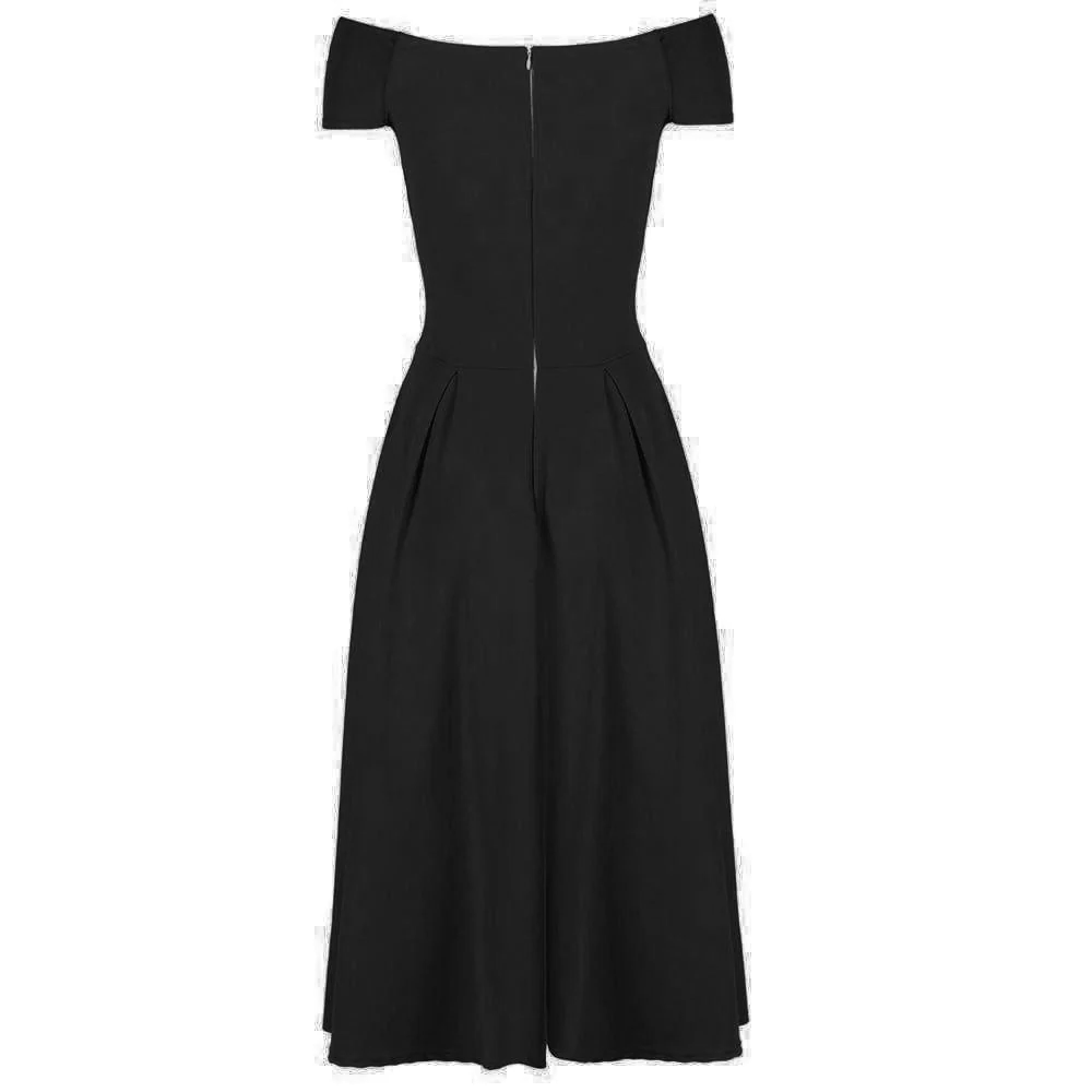 Black 50s Swing Dress with Vintage Bardot-style Crossover