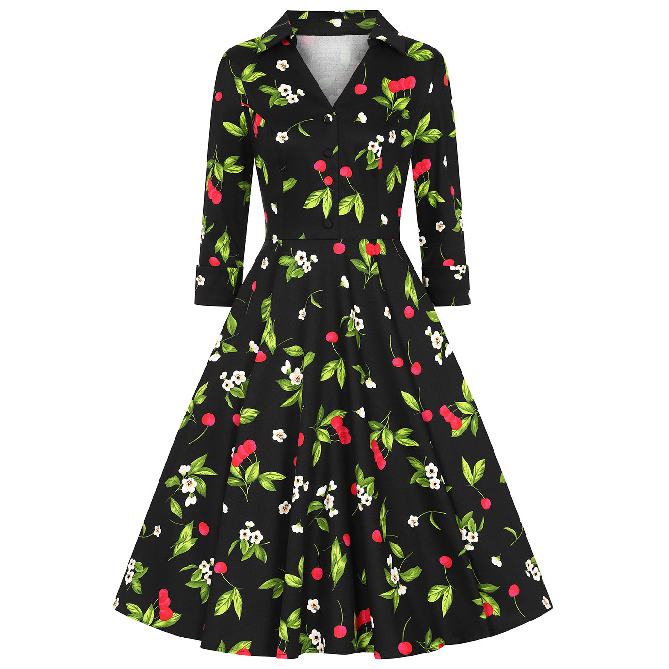 Black and red cherry print collared V-neck 1950s swing dress with pockets