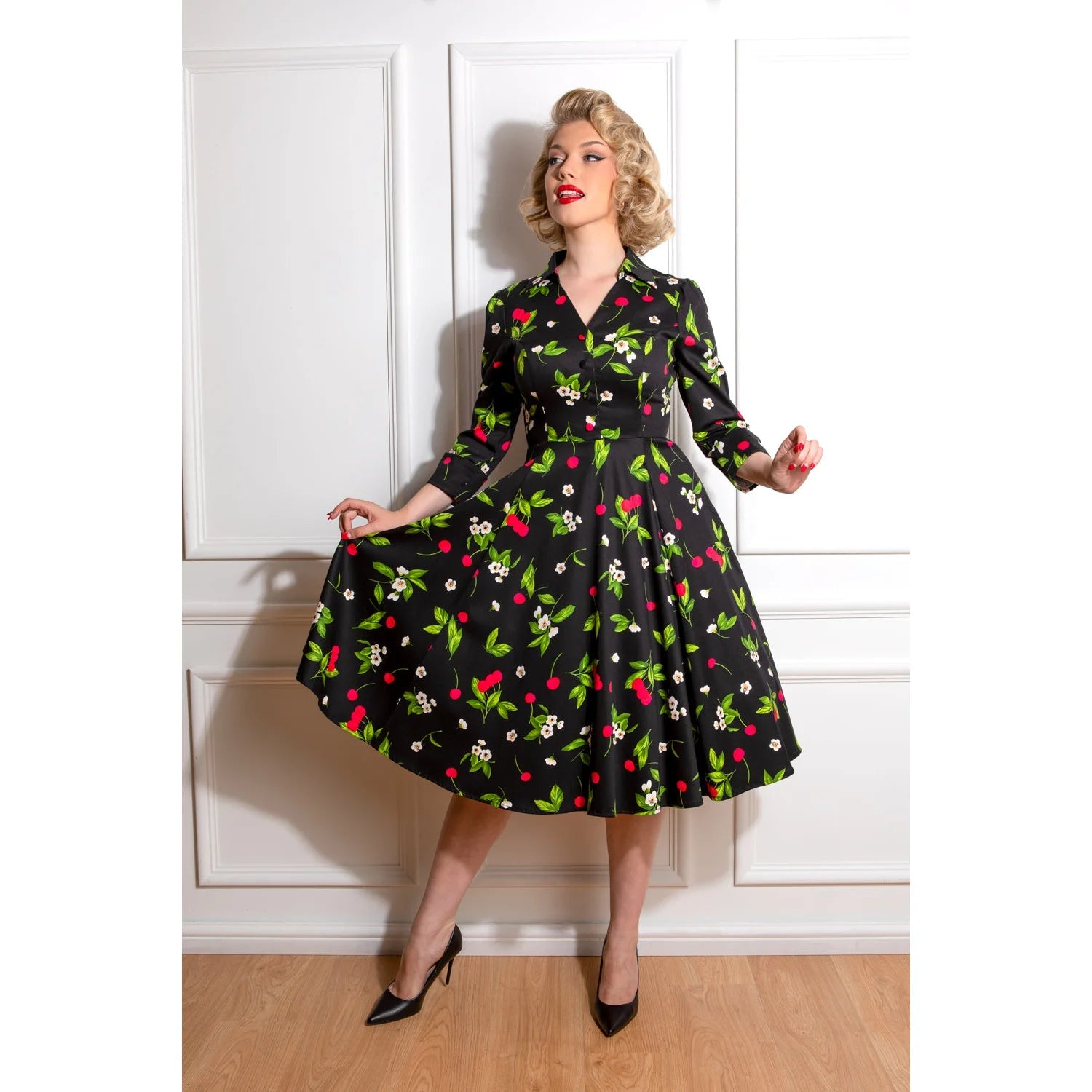 Black and red cherry print collared V-neck 1950s swing dress with pockets