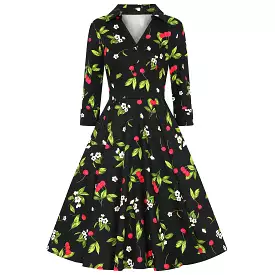 Black and red cherry print collared V-neck 1950s swing dress with pockets