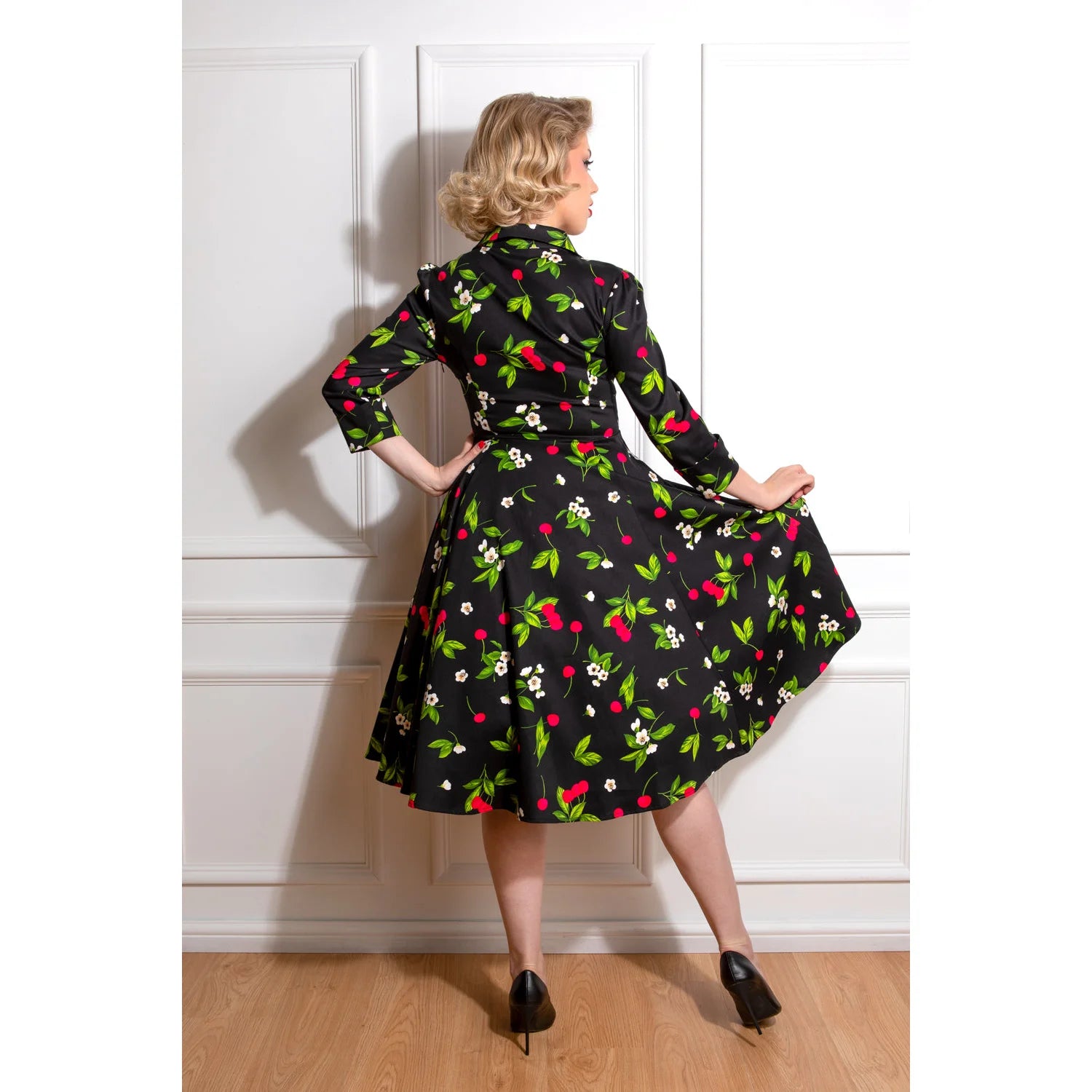 Black and red cherry print collared V-neck 1950s swing dress with pockets