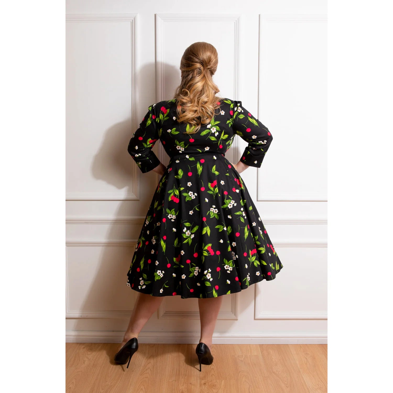 Black and red cherry print collared V-neck 1950s swing dress with pockets