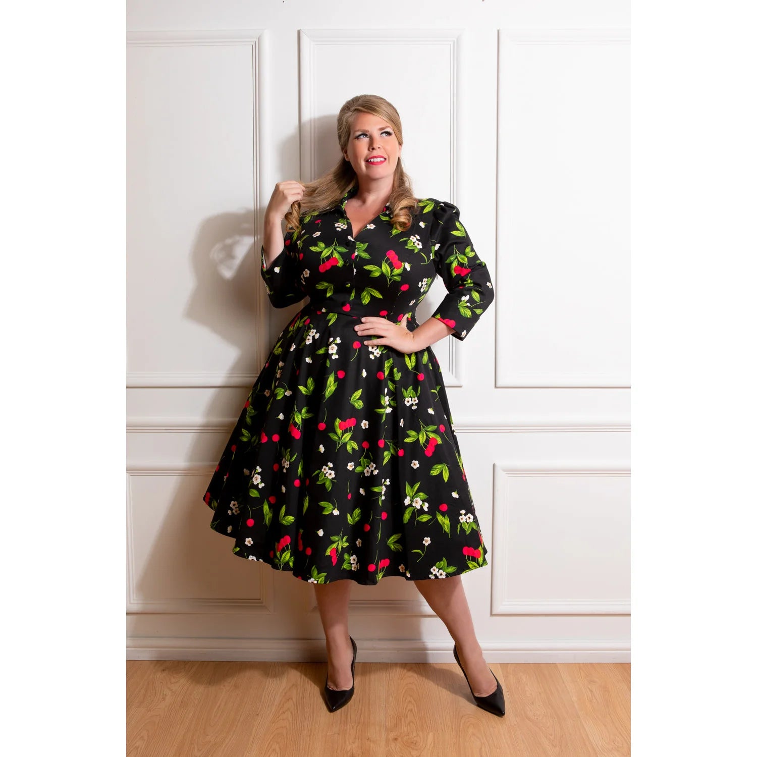 Black and red cherry print collared V-neck 1950s swing dress with pockets