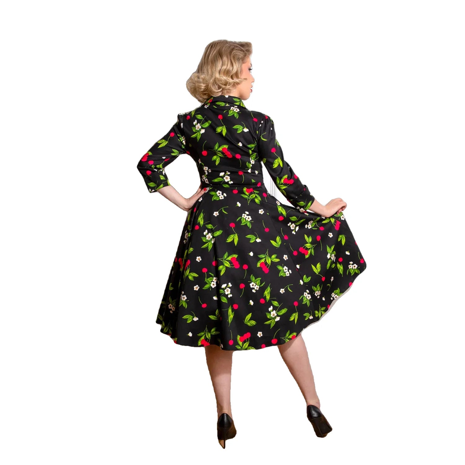 Black and red cherry print collared V-neck 1950s swing dress with pockets