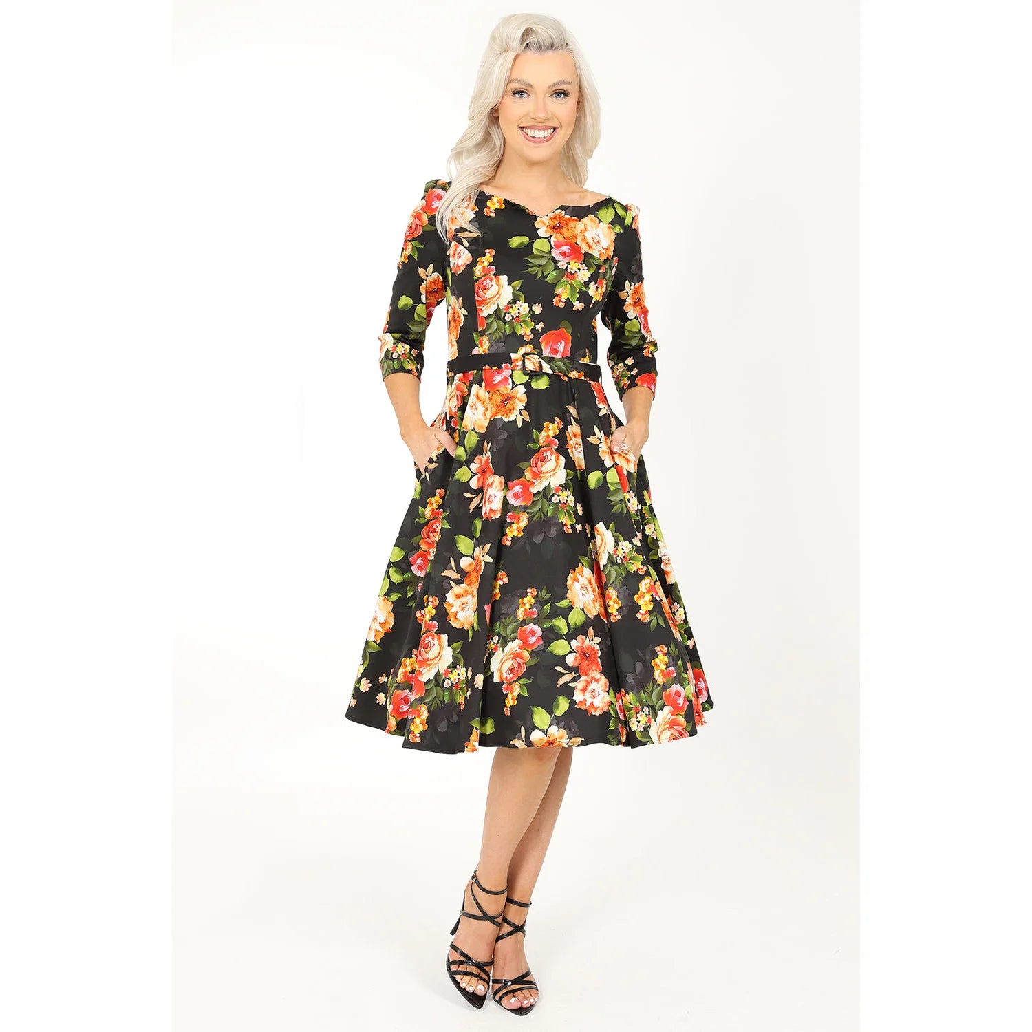 Black Floral 50s Tea Dress - Boat Neck - 3/4 Sleeves - Swing Style