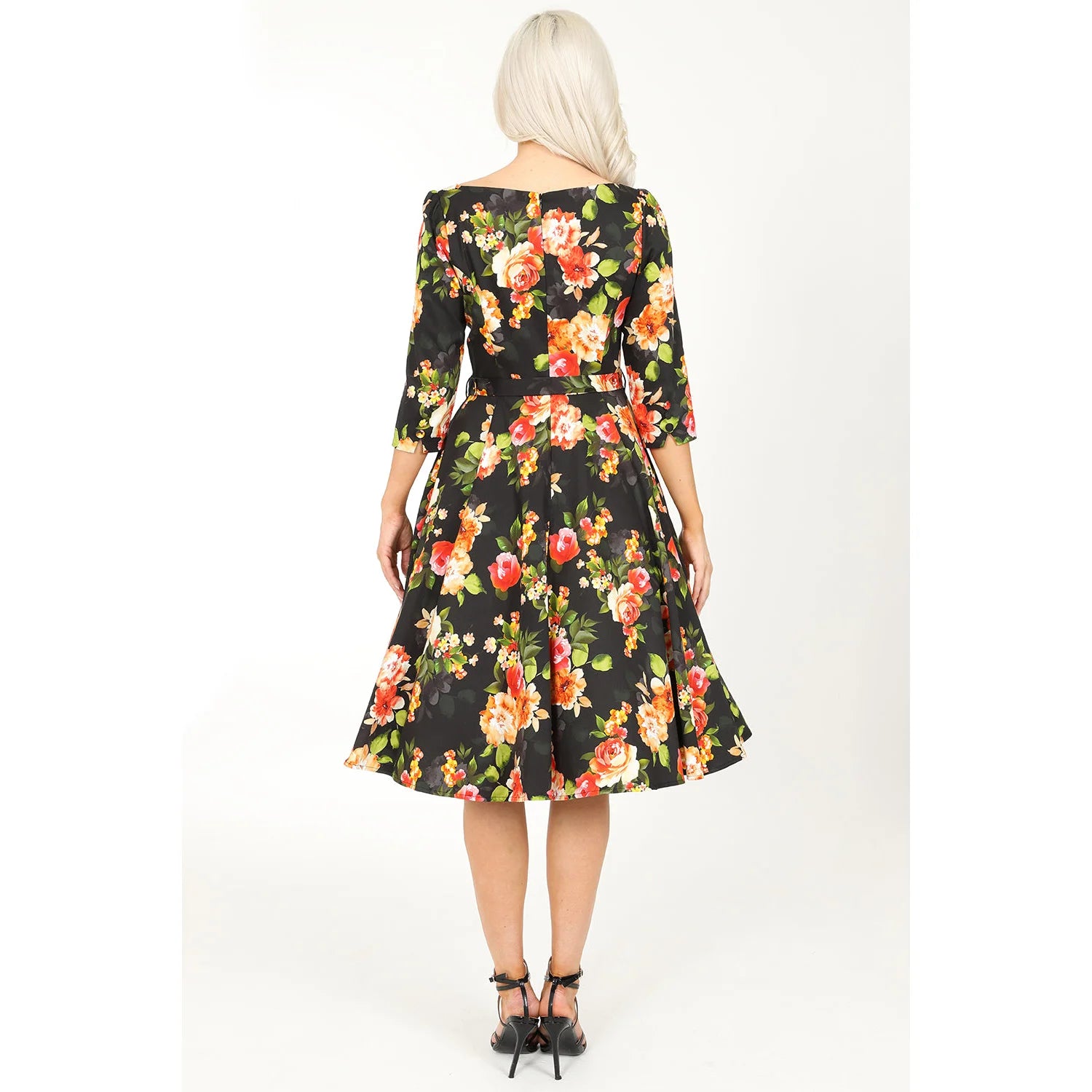 Black Floral 50s Tea Dress - Boat Neck - 3/4 Sleeves - Swing Style