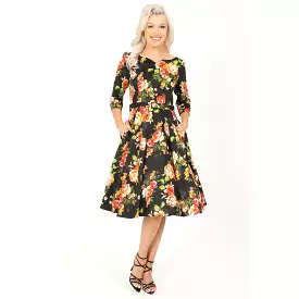 Black Floral 50s Tea Dress - Boat Neck - 3/4 Sleeves - Swing Style