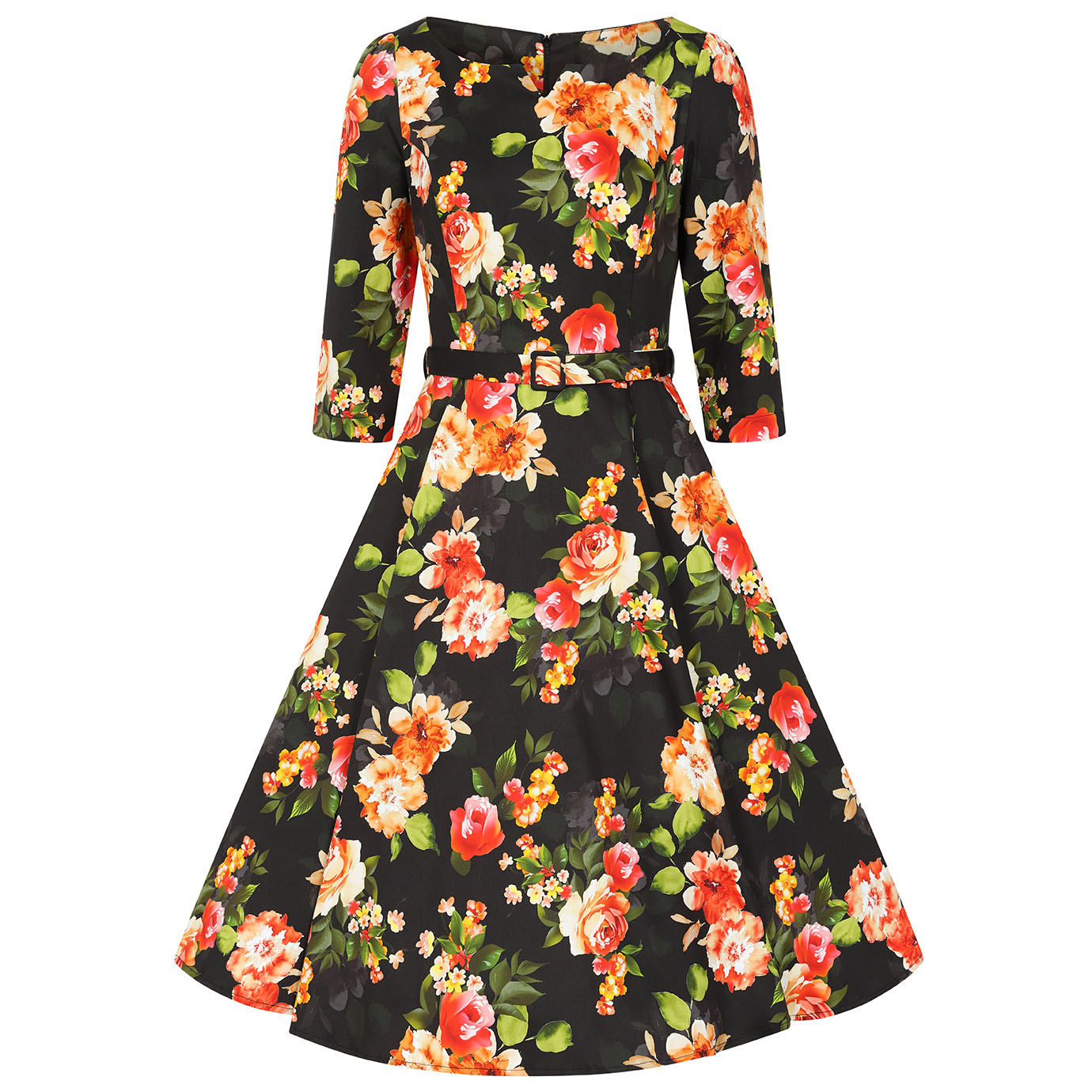 Black Floral 50s Tea Dress - Boat Neck - 3/4 Sleeves - Swing Style