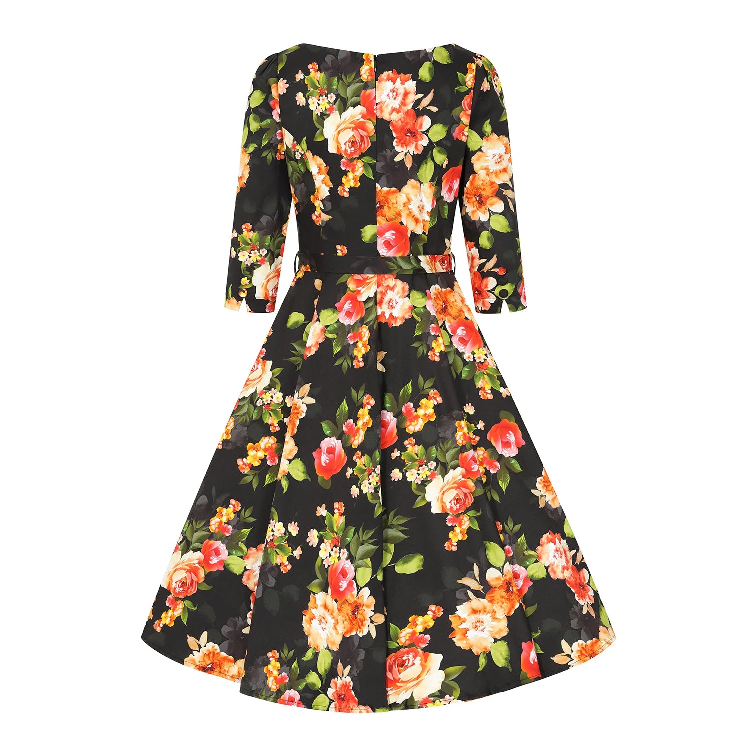 Black Floral 50s Tea Dress - Boat Neck - 3/4 Sleeves - Swing Style