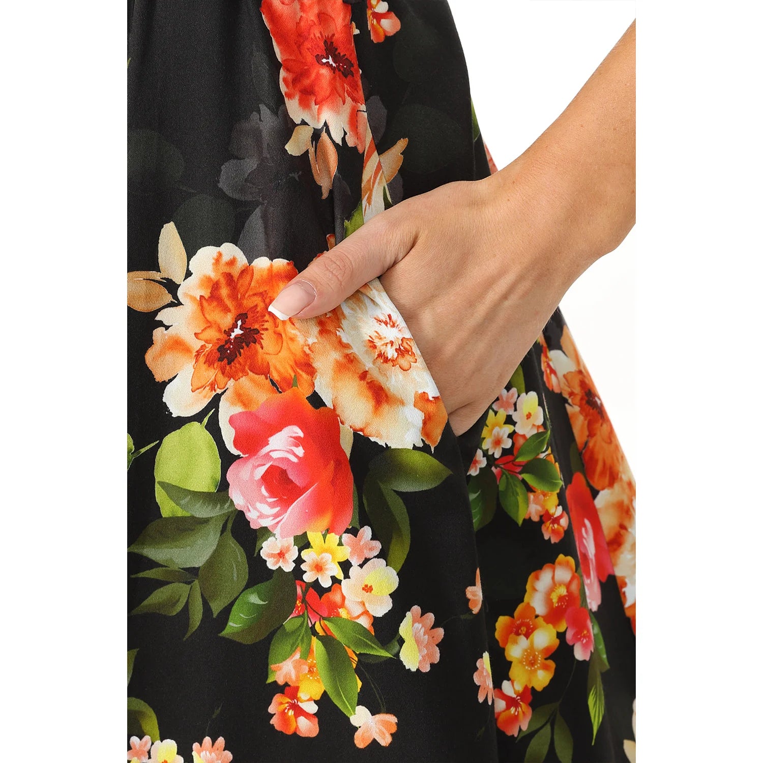 Black Floral 50s Tea Dress - Boat Neck - 3/4 Sleeves - Swing Style