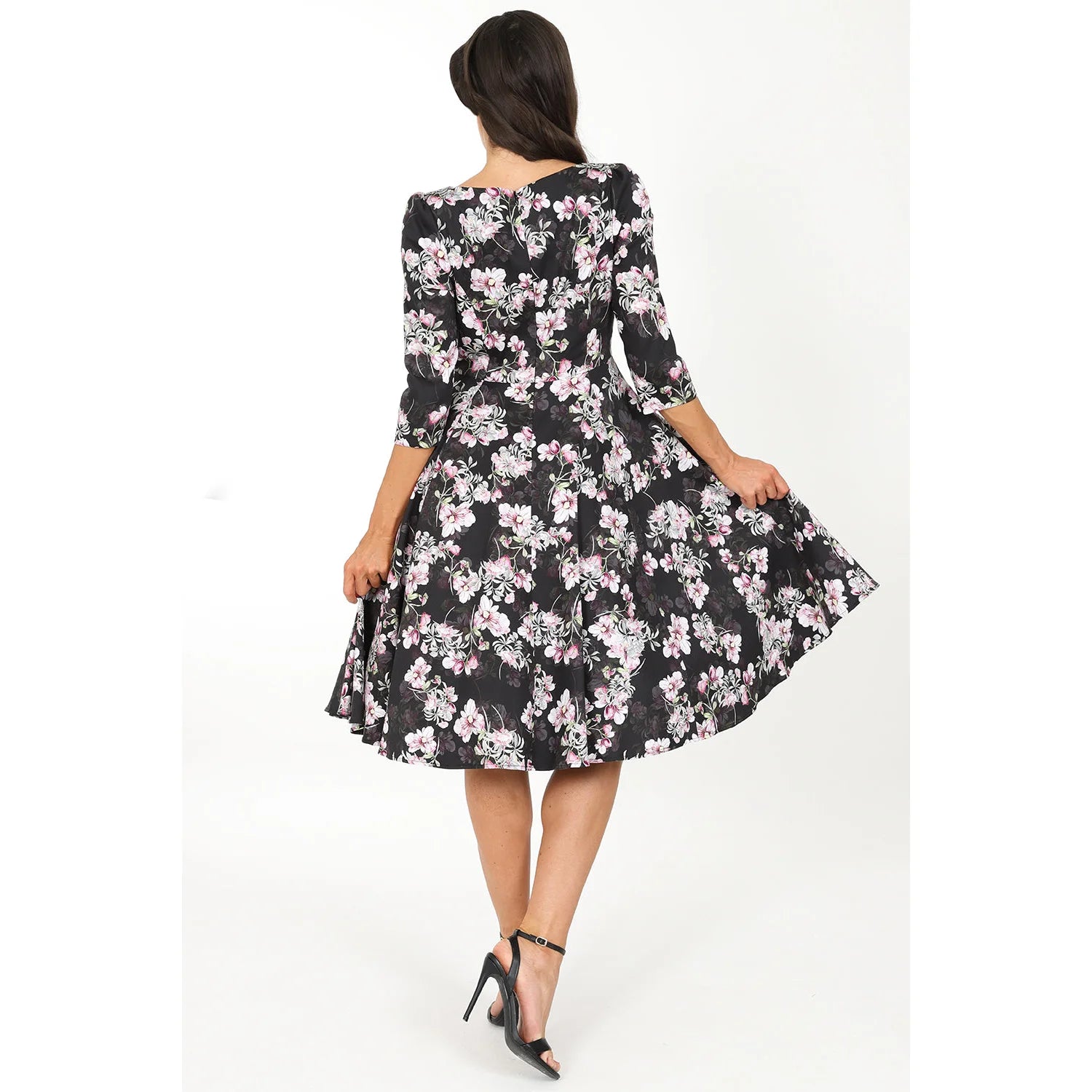 Black Pink Floral Print 50 3/4 Sleeve Swing Tea Dress With Pockets: Floral Print Swing Tea Dress with Pockets - Black Pink 50, 3