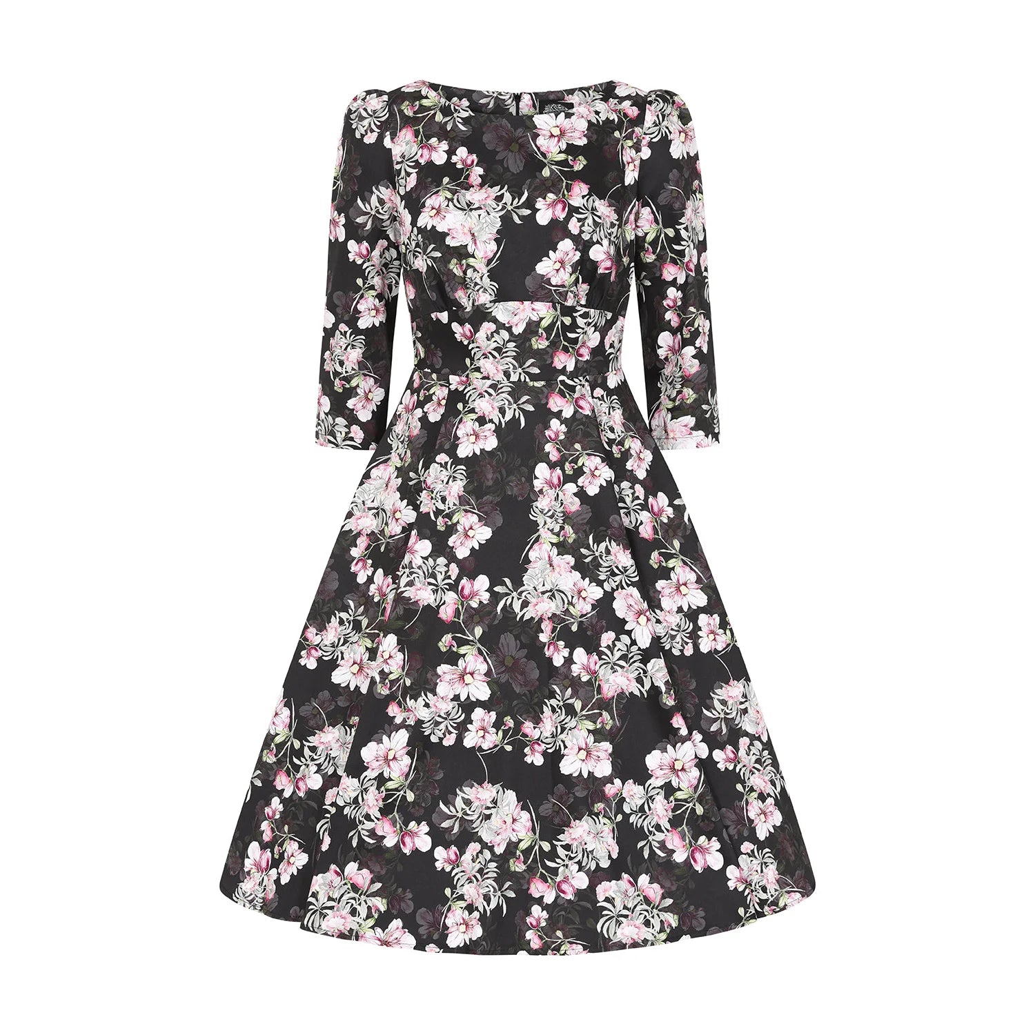 Black Pink Floral Print 50 3/4 Sleeve Swing Tea Dress With Pockets: Floral Print Swing Tea Dress with Pockets - Black Pink 50, 3