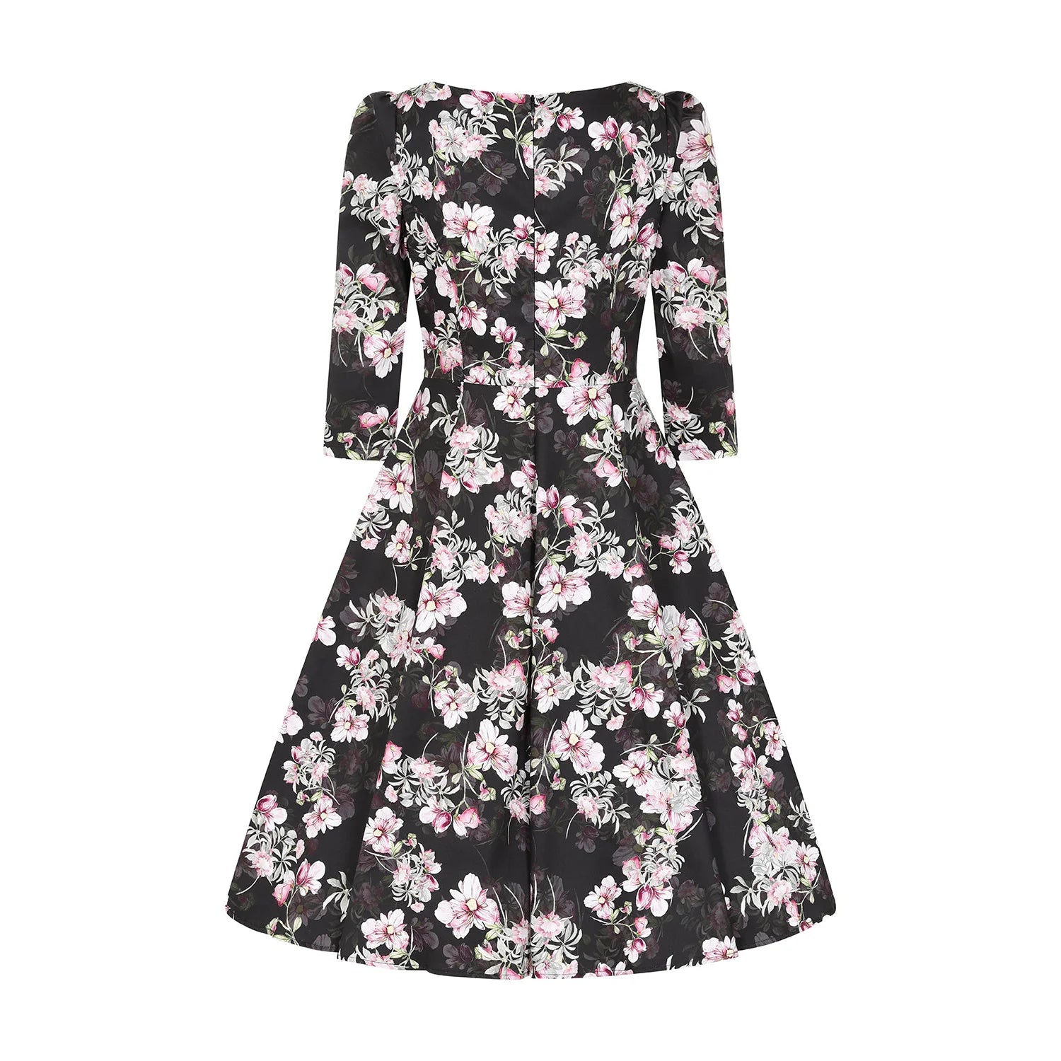 Black Pink Floral Print 50 3/4 Sleeve Swing Tea Dress With Pockets: Floral Print Swing Tea Dress with Pockets - Black Pink 50, 3