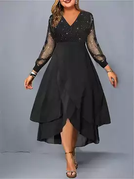 Black Plus Size Maxi Dress with Mesh V-Neck Ruffle