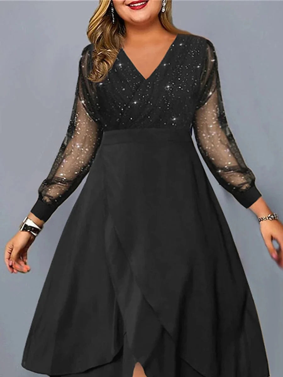 Black Plus Size Maxi Dress with Mesh V-Neck Ruffle