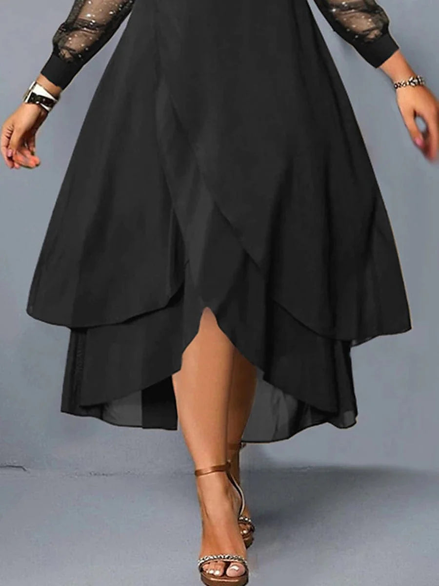 Black Plus Size Maxi Dress with Mesh V-Neck Ruffle