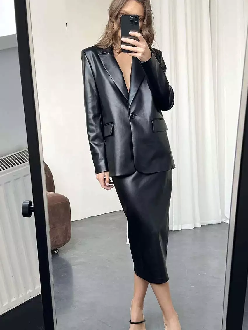 Black PU leather skirt sets, 2-piece suits for women, featuring elegant long sleeve blazers and high-waist long skirts.