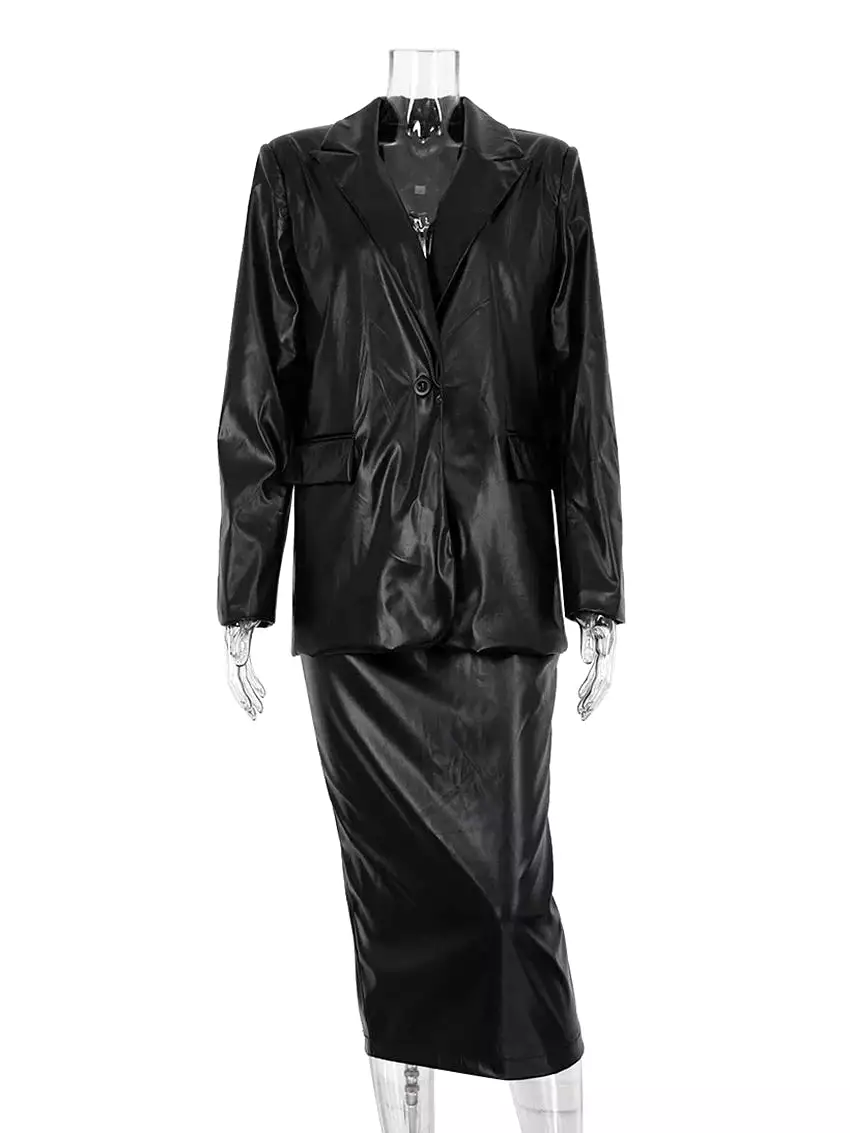 Black PU leather skirt sets, 2-piece suits for women, featuring elegant long sleeve blazers and high-waist long skirts.