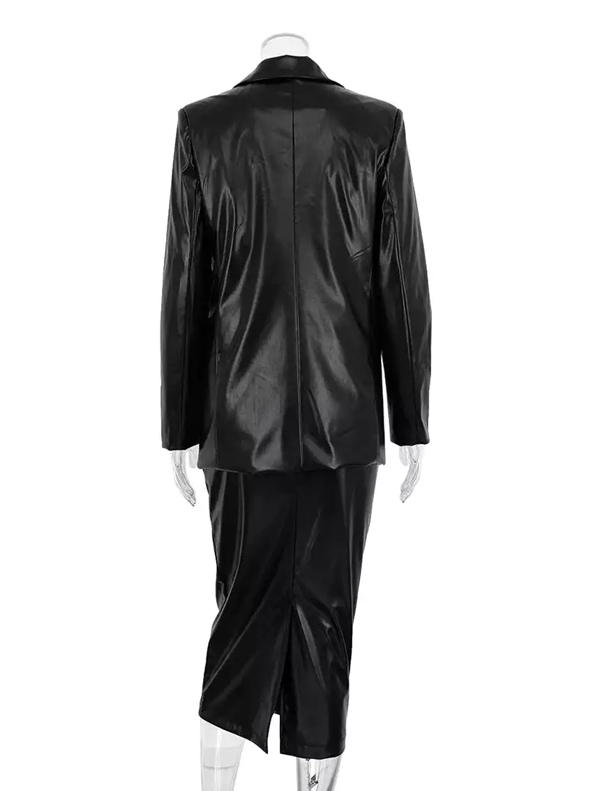 Black PU leather skirt sets, 2-piece suits for women, featuring elegant long sleeve blazers and high-waist long skirts.