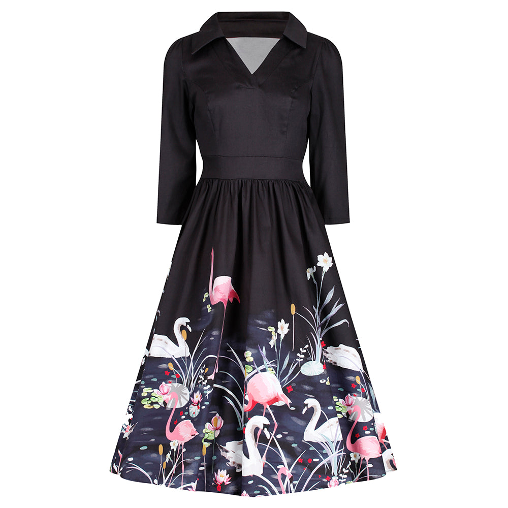 Black Swan and Flamingo Print Tea Dress with 3/4 Sleeves for 50s Swing Style