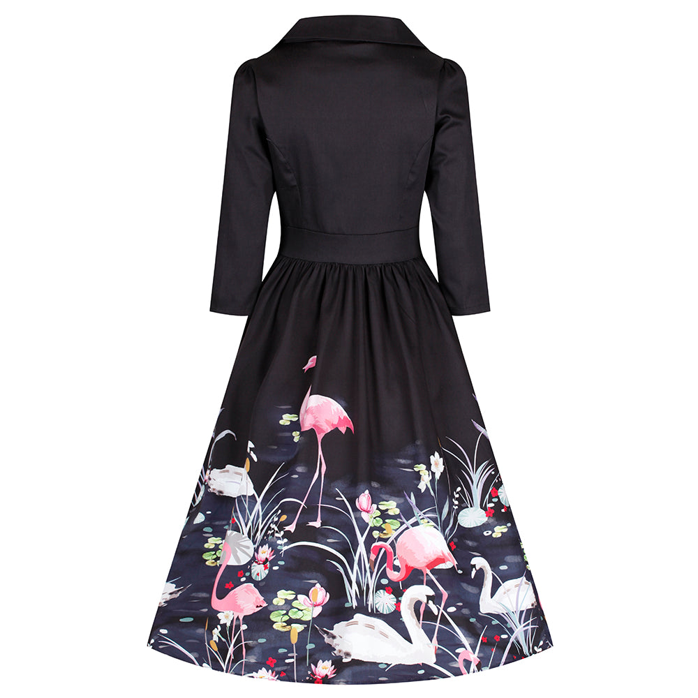 Black Swan and Flamingo Print Tea Dress with 3/4 Sleeves for 50s Swing Style